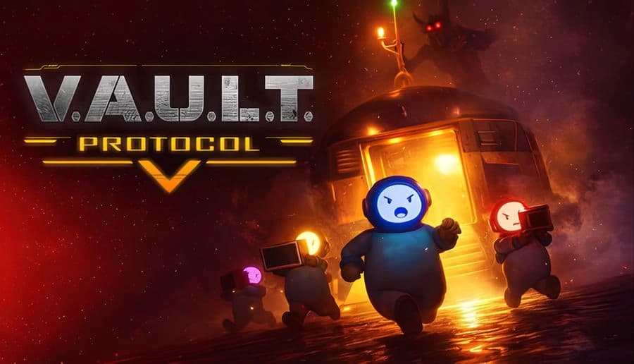 V.A.U.L.T. PROTOCOL: Four round-suited astronauts run from a blazing portal, smoky ruins and sparks behind them.