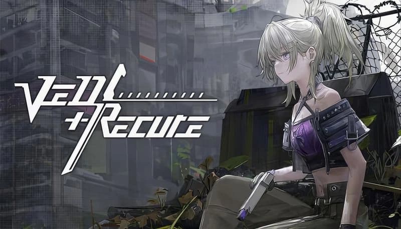 Ved: Young woman with pale hair sits in futuristic ruins, holding a weapon. Urban decay and overgrowth surround her.