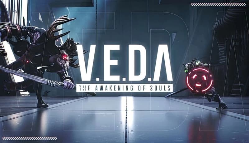 V.E.D.A: Two armored warriors with glowing weapons face off in a dimly lit futuristic arena.