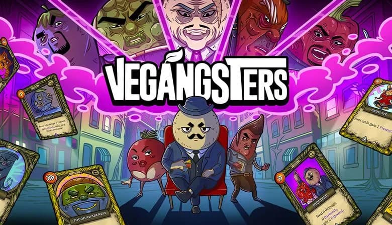 A mustached potato gangster in a suit sits confidently on a red chair, holding cards, flanked by vegetable gangster allies.