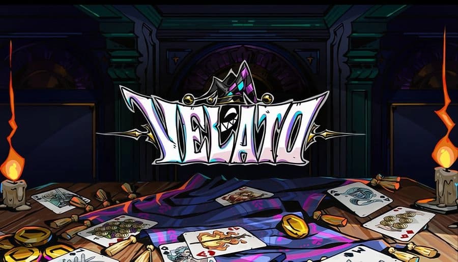 VELATO: Stylized VELATO title over a cluttered poker table with cards, chips, coins, and candlelit gothic room.
