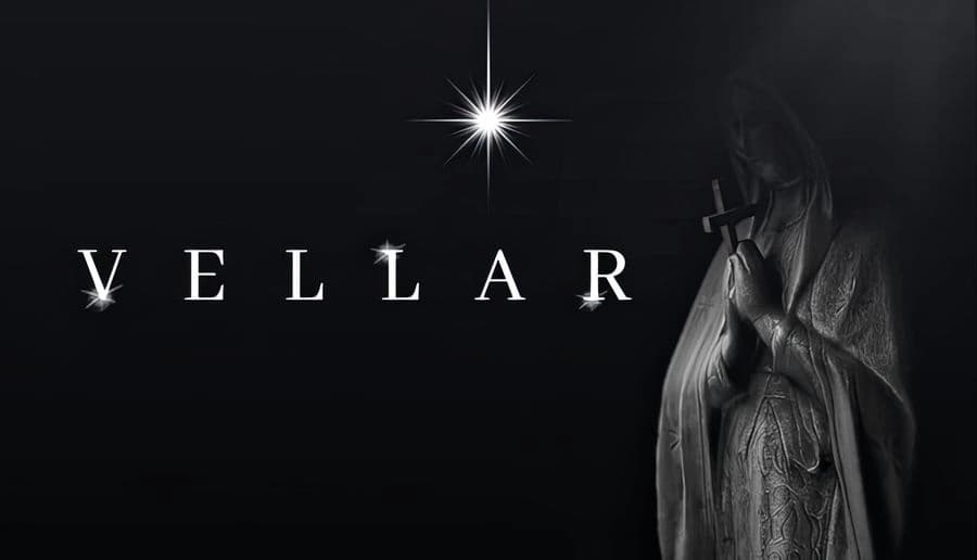 Vellar: Stone angel statue gripping a cross under bright starburst light in a dark, smoky backdrop.