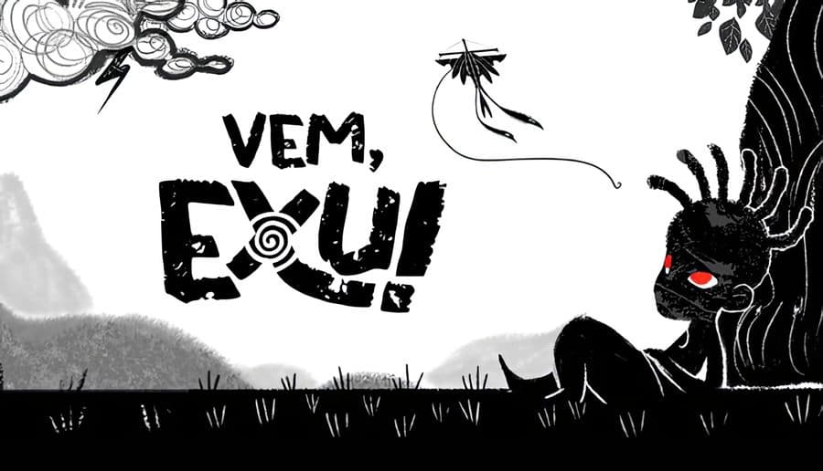 Vem, Exu: shadow creature with red eyes lifts clawed hand behind tall grass under white sky with bird silhouette.
