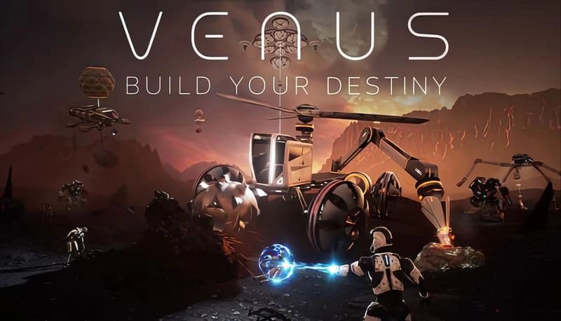 Venus: Sci-fi soldier wields glowing orb near futuristic rover on rocky alien planet, drones hover against vivid sky.