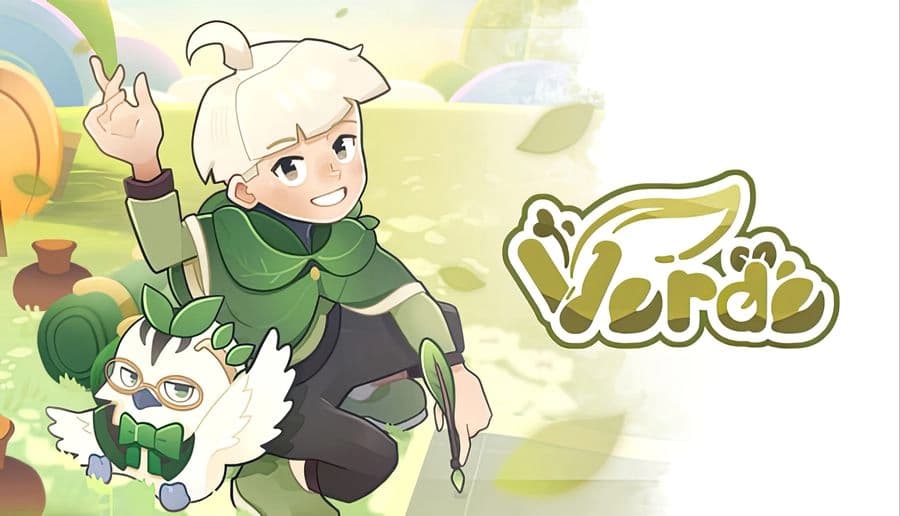 Verde: Smiling white-haired young woman waves beside wide-eyed seed creature under leafy trees and blue sky.