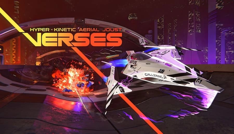 Verses: White futuristic hovercraft racing past explosion, purple energy trail on neon track inside city arena.