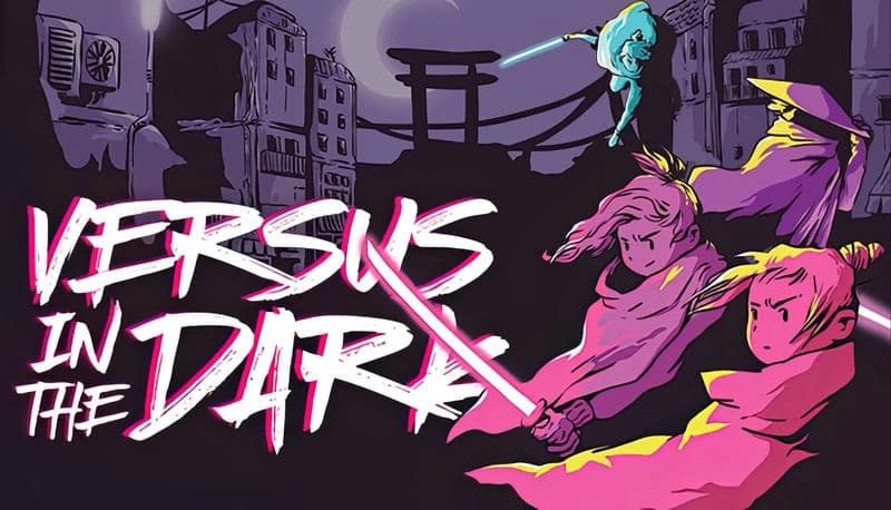 Versus in the Dark: Two young women with glowing swords leap through a dark, futuristic cityscape under a crescent moon.