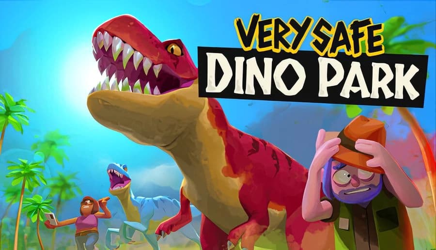 Very Safe Dino Park 🦖: Red T-rex roaring with teeth bared beside a panicked man holding his head in jungle park.