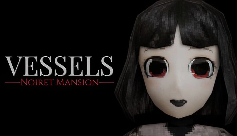 VESSELS: Pale young girl with black bob hair and red eyes stares forward on a black background beside her face.