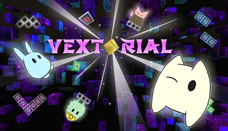 Vextorial: Cartoon creatures float in front of vibrant 3D blocks, featuring colorful, abstract elements and dynamic lighting.