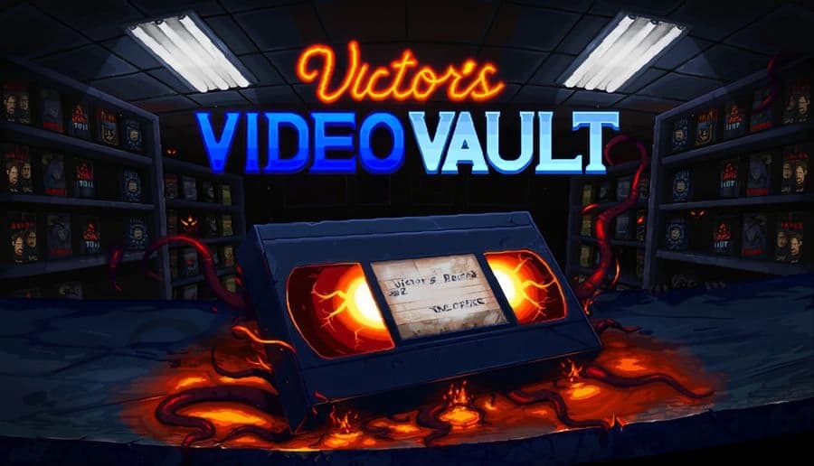 Victor’s Video Vault: glowing VHS tape leaking black ooze on floor inside a dim video store aisle of shelves.