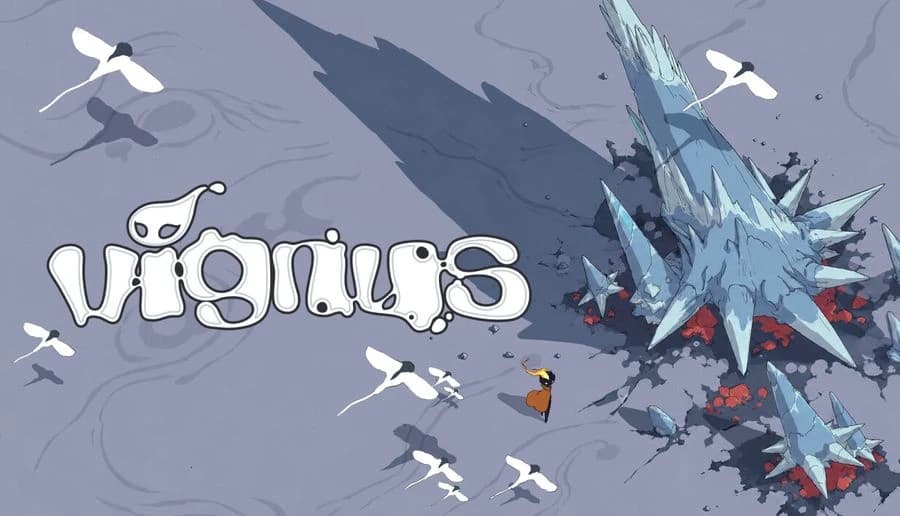 Vignus: Lone cloaked figure with glowing staff faces jagged blue crystal wreckage and white birds on gray plain.