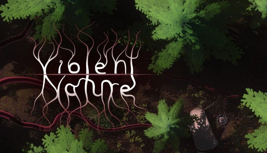 Violent Nature: White branching vines crawl across a dark forest canopy above a narrow road and green trees below.