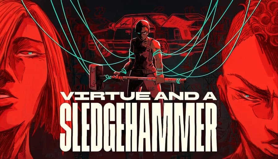 Virtue and a Sledgehammer: young man stands in red void with teal cables, flanked by two close-up faces.