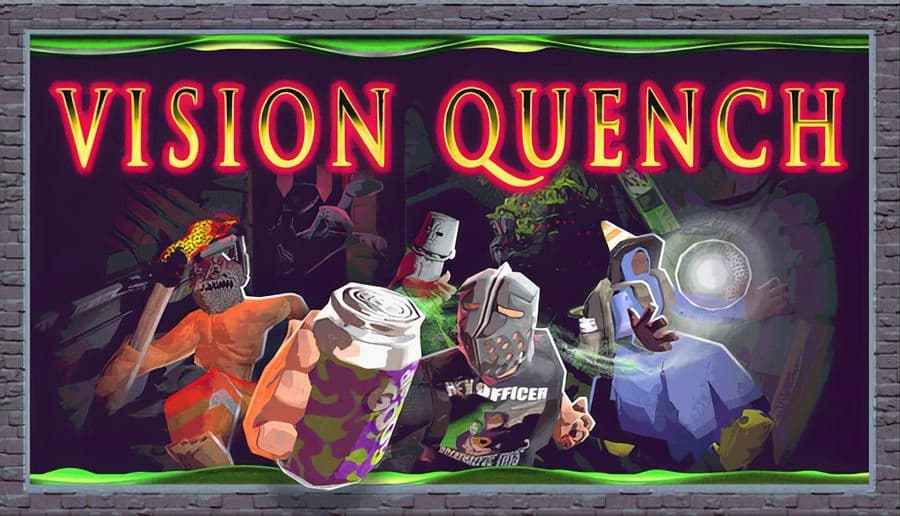 Vision Quench: Monster-faced men hold weapons and a cup, one grips a glowing orb in dark stone dungeon hallway.