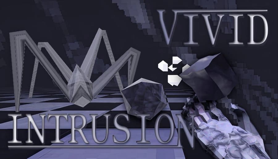 Vivid Intrusion: Giant angular spider looms over glitchy floor tiles as a first-person hand aims in dark void space.