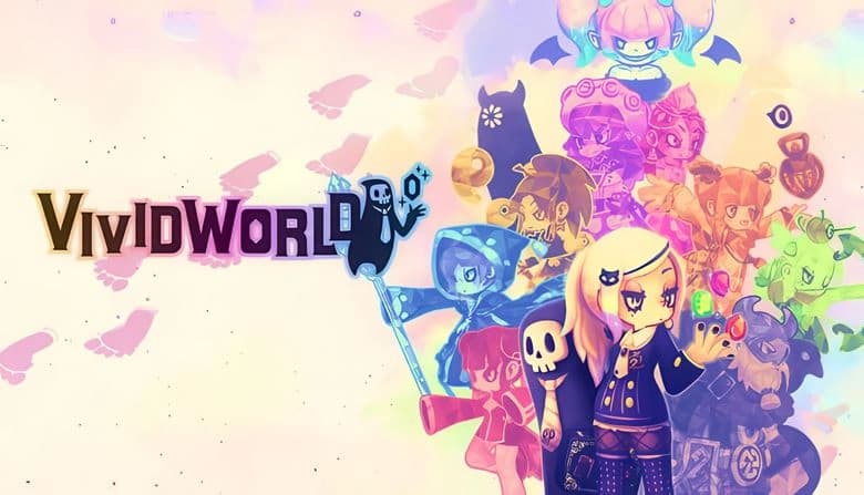 Vivid World: Young girl wields gems, flanked by skeleton with tie and diverse characters in vibrant fantasy setting.