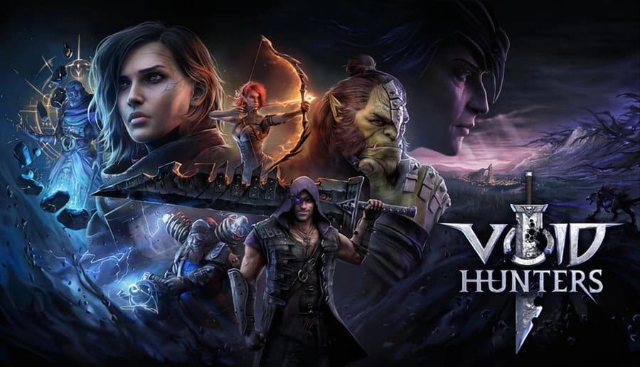 Void Hunters: Warriors face forward with swords and bow, blue magical swirl behind them in stormy ruins at night.