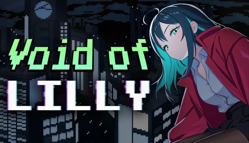 Void of Lilly: Young woman in red jacket gazes over futuristic cityscape with glowing windows and dark, cloudy sky.