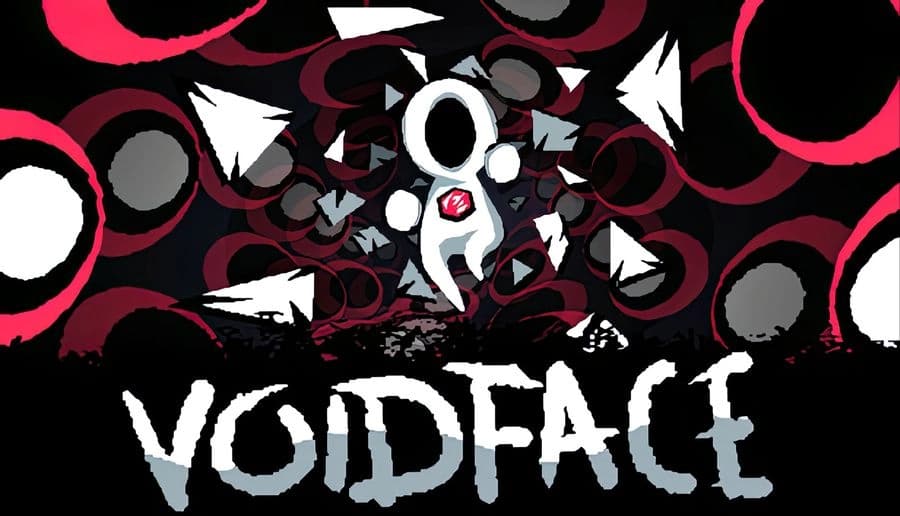 VOIDFACE: White one-eyed mask-headed figure casting a red spell amid black tendrils and red arena backdrop.