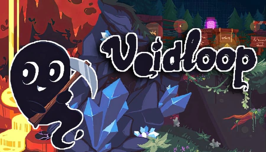 Voidloop: Smiling ghost miner wields a pickaxe near giant crystals, set against a vibrant cave with floating lanterns.