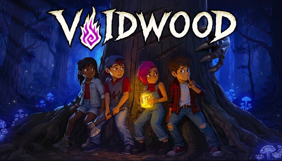 Voidwood: Four teens huddle together holding flashlights Cursed blue forest at night with twisted trees looming behind.