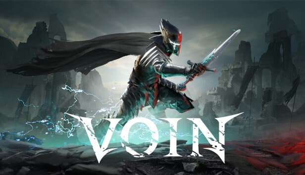 VOIN: Warrior in black armor wields a glowing sword in stormy ruins, surrounded by lightning and dark fantasy elements.