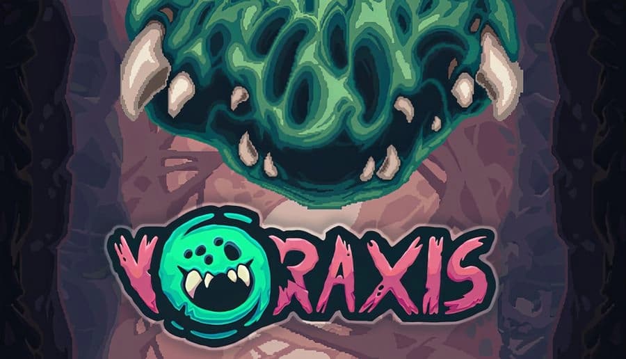 Voraxis: Green-mouthed creature with sharp teeth looms above, set against dark organic textures and swirling patterns.
