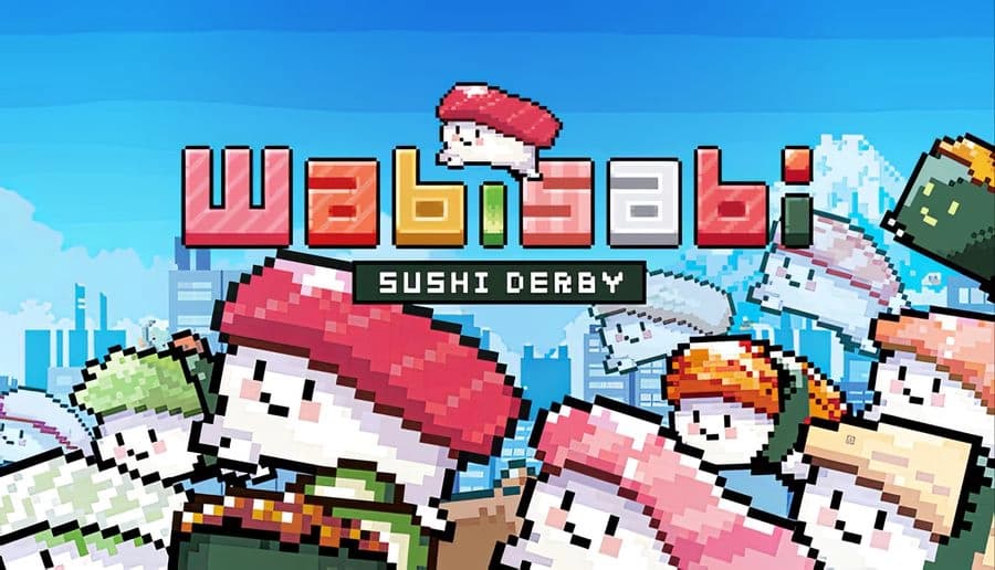 Wabisabi SushiDerby: Pixel sushi racers sprinting forward, red and orange-topped pieces, city skyline under blue sky.