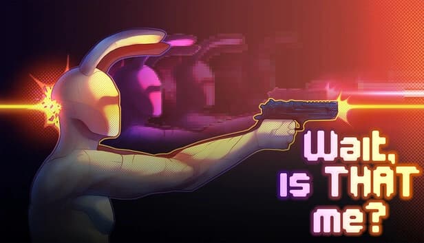 Wait, is THAT me?: A man in a rabbit mask, firing a gun with glowing bullets, neon lights reflecting in the darkened room.