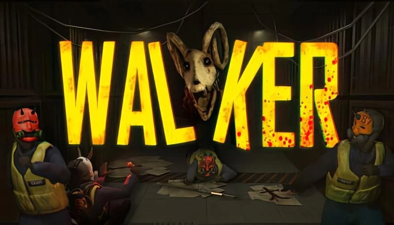 WALKER: Masked crew in yellow vests flee from horned mouse creature in dim room, surrounded by scattered papers and wires.