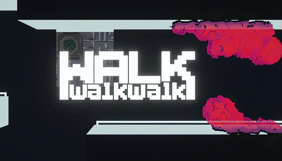 WalkWalkWalk: blocky white game title on dark background, green corner ribbon with a gamepad icon abstract UI lines.