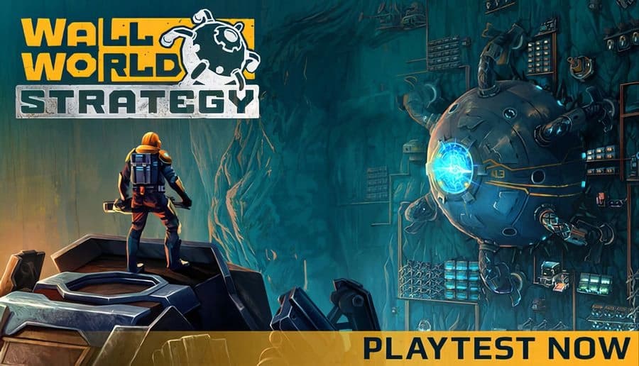 Wall World Strategy: armored man on rocky ledge facing glowing blue reactor sphere, industrial wall city backdrop.