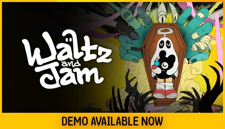 Waltz and Jam: Cartoon dog with halo stands in tall grass under reaching hands, yellow sky background.