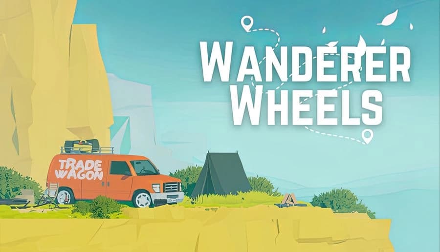 Wanderer Wheels: Orange van with roof rack parked by green tent and campfire in grassy field under blue sky.