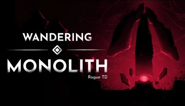 A tall, dark monolith with a central glowing red orb emits light, surrounded by floating rocks.