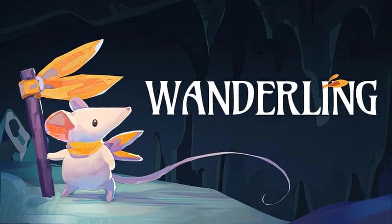 Wanderling: Sandmouse in yellow scarf near flag with yellow cloth and wooden stick in dark cave during night setting.