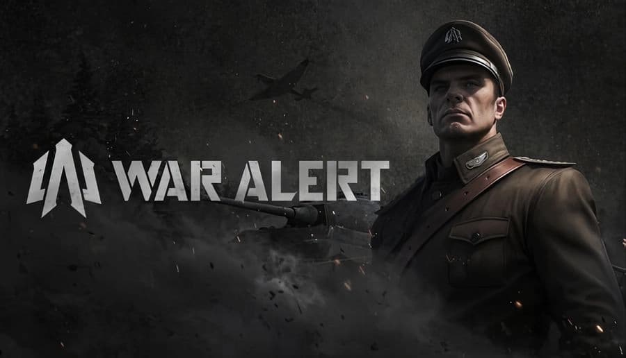 War Alert: Stern officer in uniform stands by a tank in smoky ruins; planes fly above under a dark, battle-torn sky.