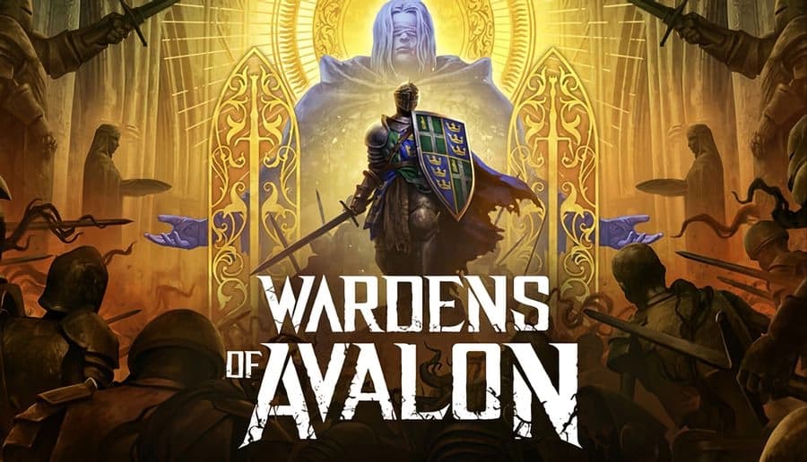 Wardens of Avalon: armored knight on throne with sword, silhouetted warriors facing him in a glowing hall.