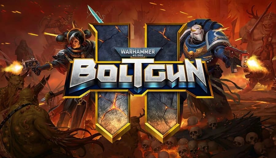 Warhammer 40,000: Space Marine and armed woman fire guns amid explosions in fiery battlefield with demons and rubble.
