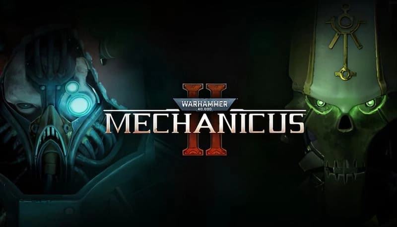 Warhammer 40,000: Two cybernetic figures with glowing eyes face each other in darkness, one with a helm, the other hooded.