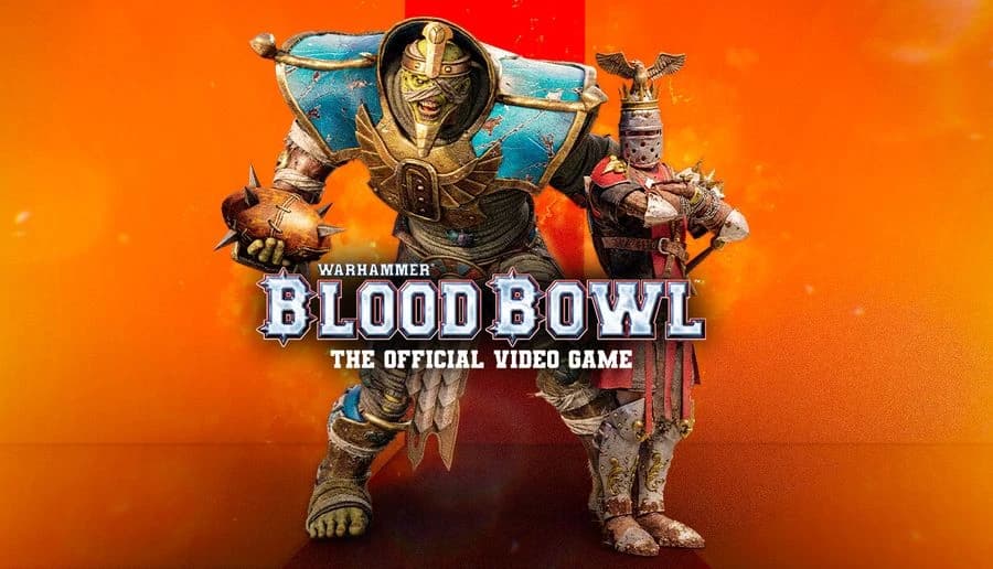Warhammer Blood Bowl: armored orc football player posing with spiked shoulder pads on an orange smoky backdrop.
