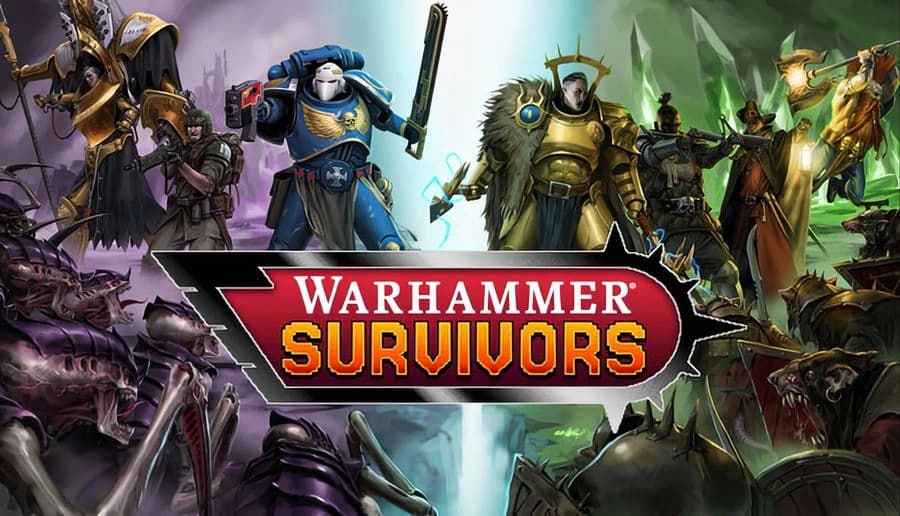 Warhammer Survivors: armored Space Marine and fantasy warriors face monsters in a smoky battlefield with green mist.