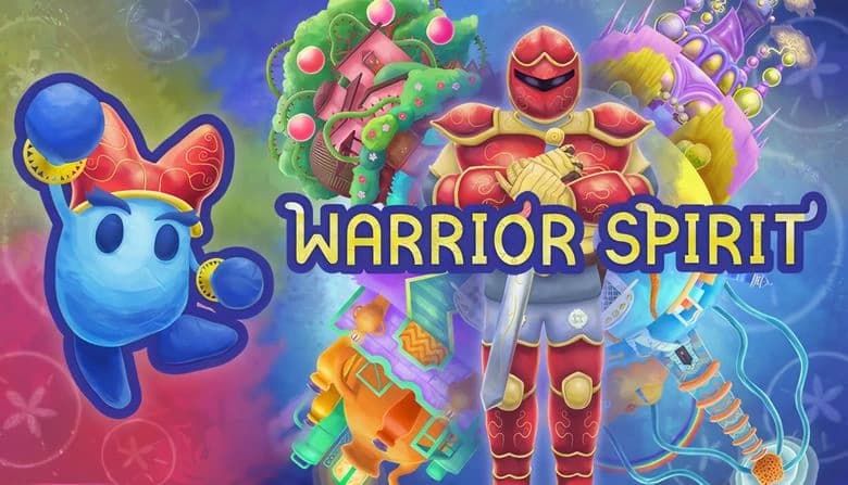 A blue creature with a red hat and a red-armored warrior stand before four colorful castles, each uniquely designed.