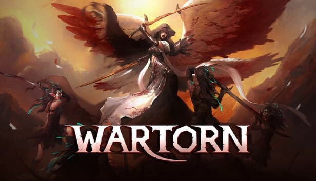 A female warrior with large, bloodied wings wields dual swords, flanked by three warriors in a dramatic, burning landscape.