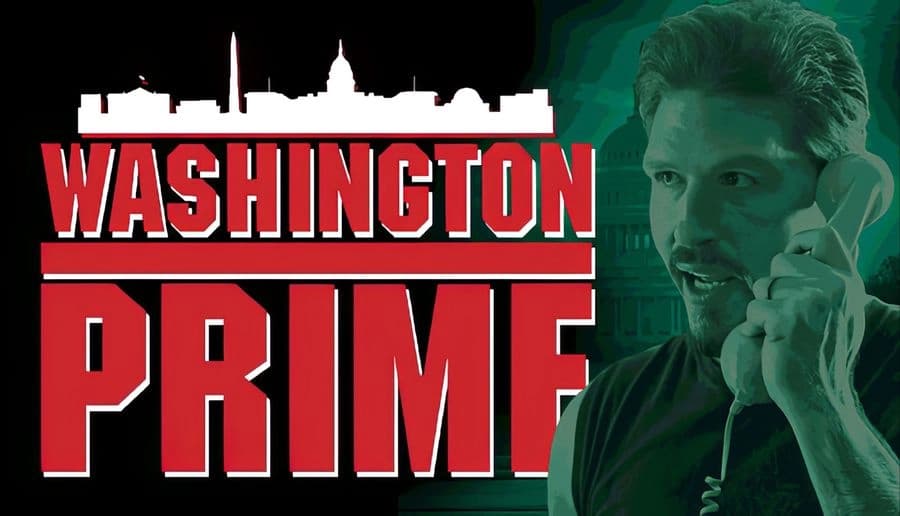 Washington Prime: man with beard holds phone to ear close-up, with Capitol building silhouette in green background.