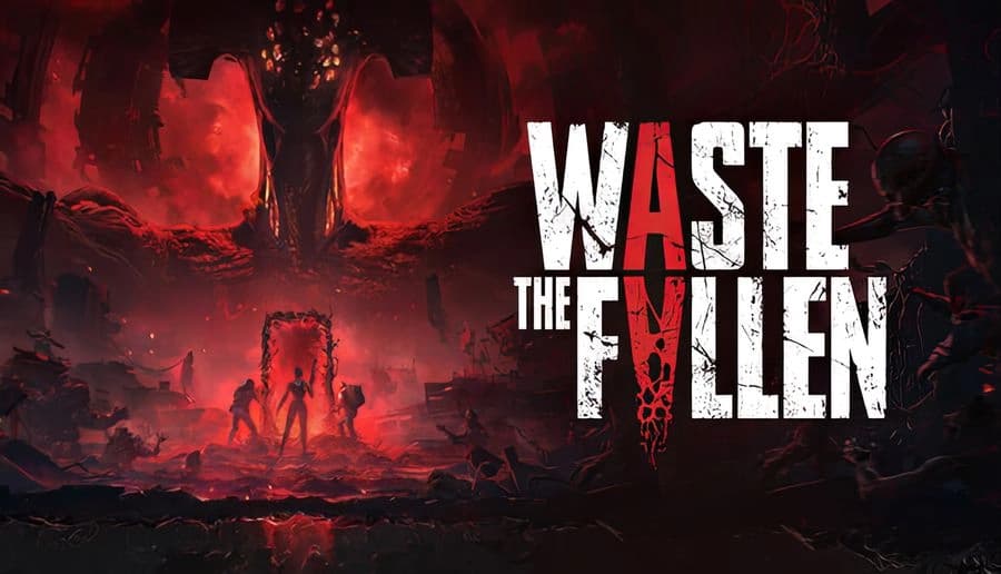 Waste The Fallen: lone armored man faces towering tentacled monster amid red ash wasteland and burning ruins under smoke.