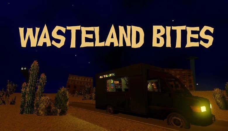 Wasteland Bites: Dark food truck parked in desert with cacti, under a night sky, mysterious eyes peering from shadows.