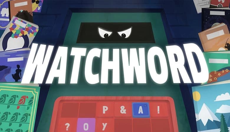 A pair of cartoonish, menacing eyes stare from a dark area above a red letter tile board, surrounded by colorful book covers.