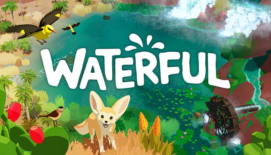 WATERFUL: Fennec fox stands by a desert pond with lily pads, birds flying overhead, plants and cliffside waterwheel.
